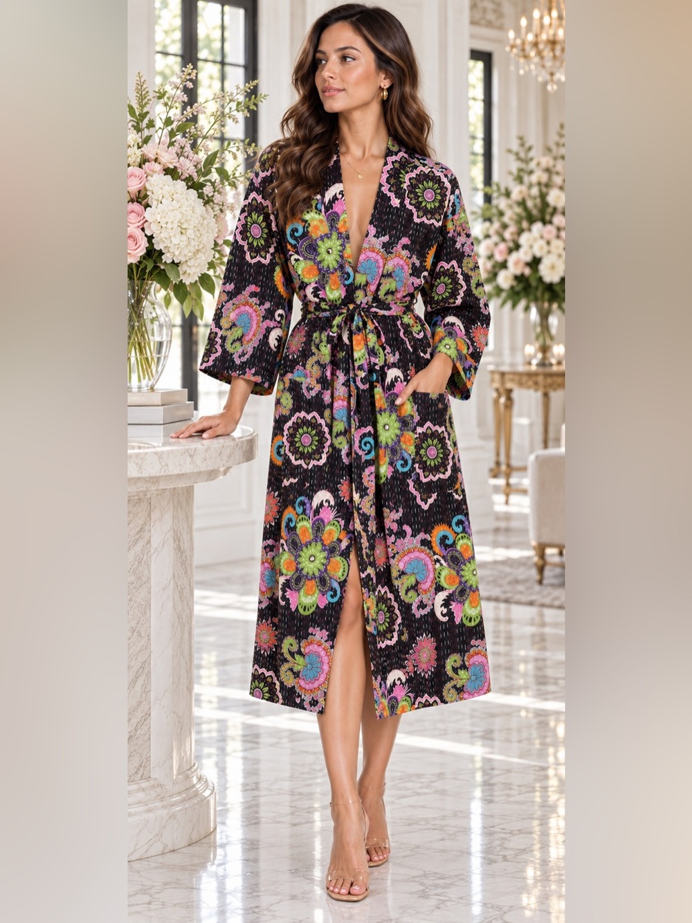 Kantha Robe Black Multicolor Floral Open Front Kimono tie - Picture 3 of 7